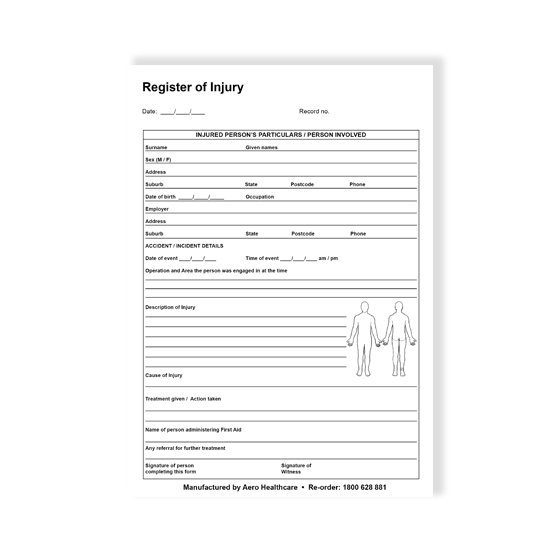 Register of Injuries Pad 25pg Duplicate A5 - EACH - Dynamic First Aid