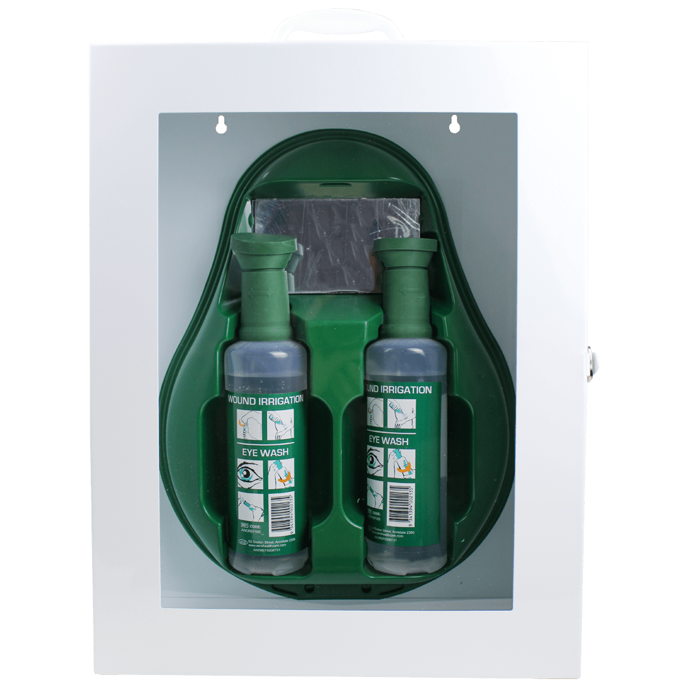 Drop Eyewash Station in Metal Cabinet with Perspex Front (2 x 500mL bottles) - EACH - Dynamic First Aid