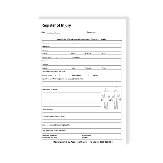 Register of Injuries Pad 25pg Duplicate A5 - EACH - Dynamic First Aid